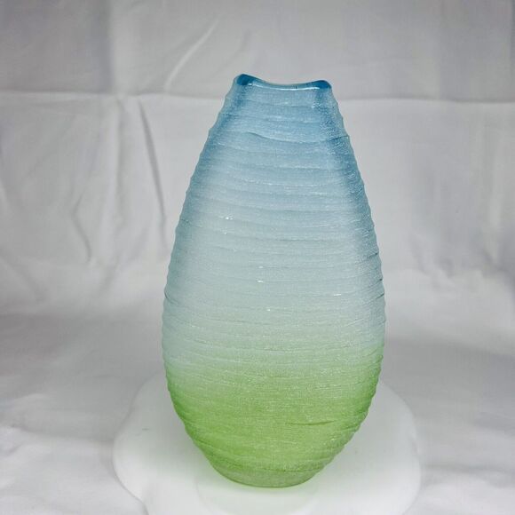 Vintage Ombre Green To Blue Frosted Art Blown Glass Ribbed MCM 8.5” PRETTY - Picture 3 of 9